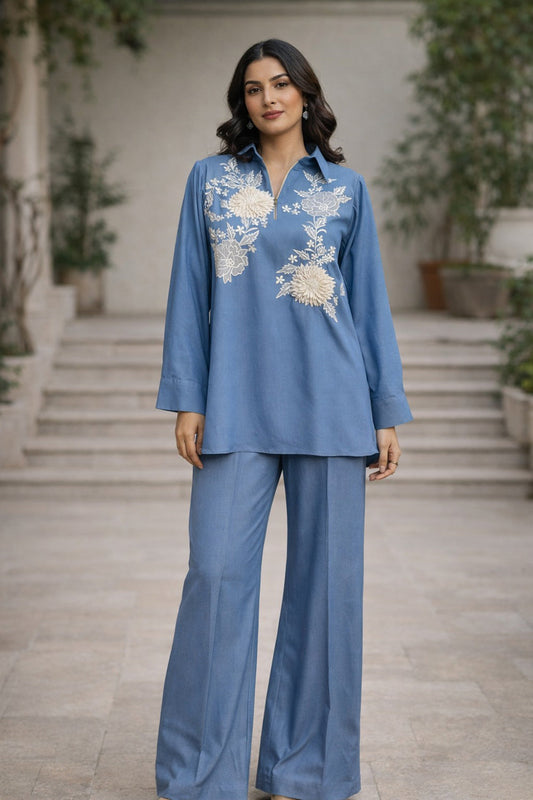 Embroidered Denim Shirt Paired With Denim Pants