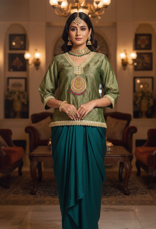 Drape Dhoti Skirt With Embroidered Short Kurta