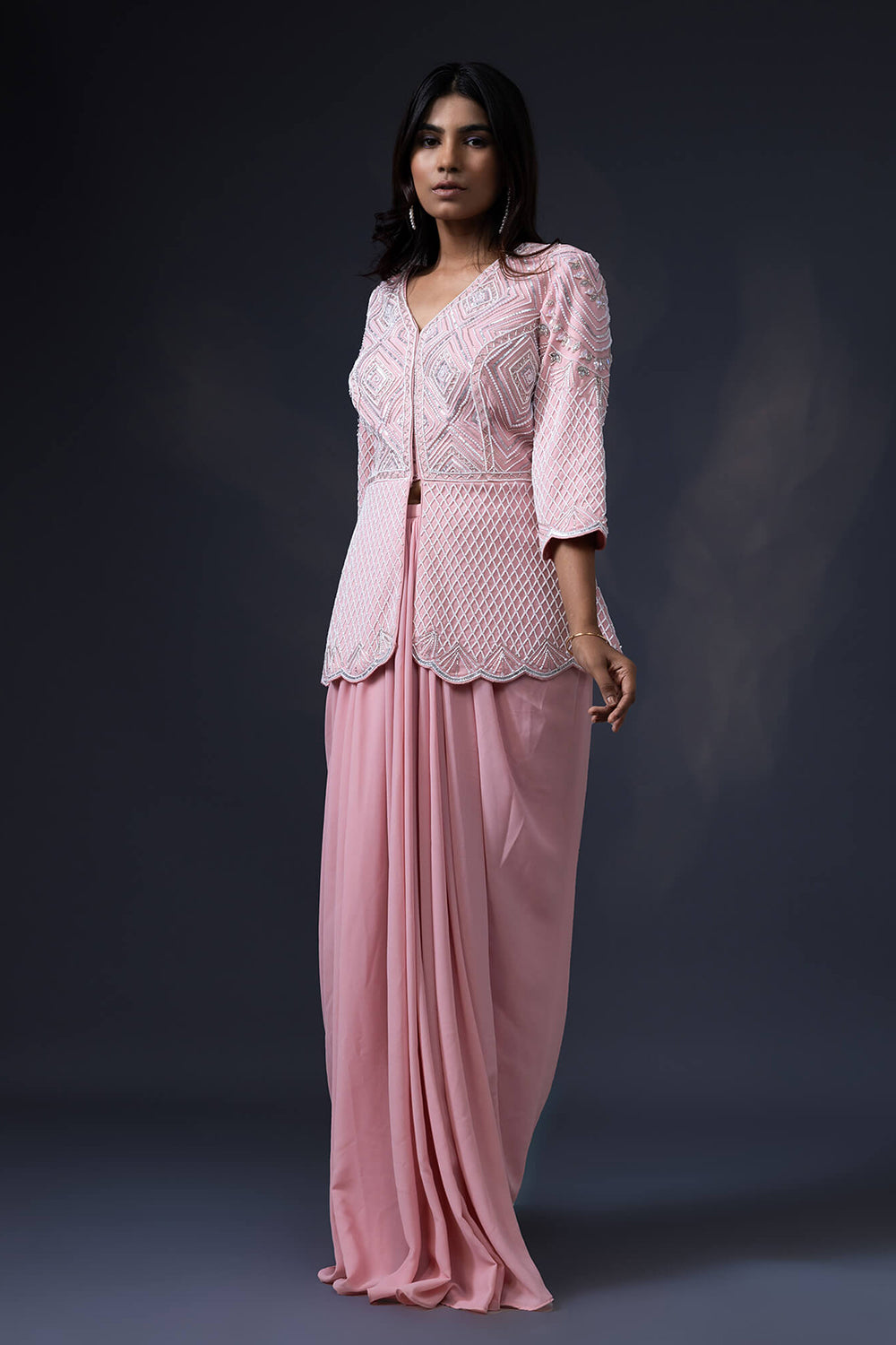 Pearl Embroidered Jacket with Drape Skirt