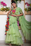 Pre-Stitched Ruffle Saree with Embroidered Blouse and Tie-Up Belt with Hand-Made Hangings