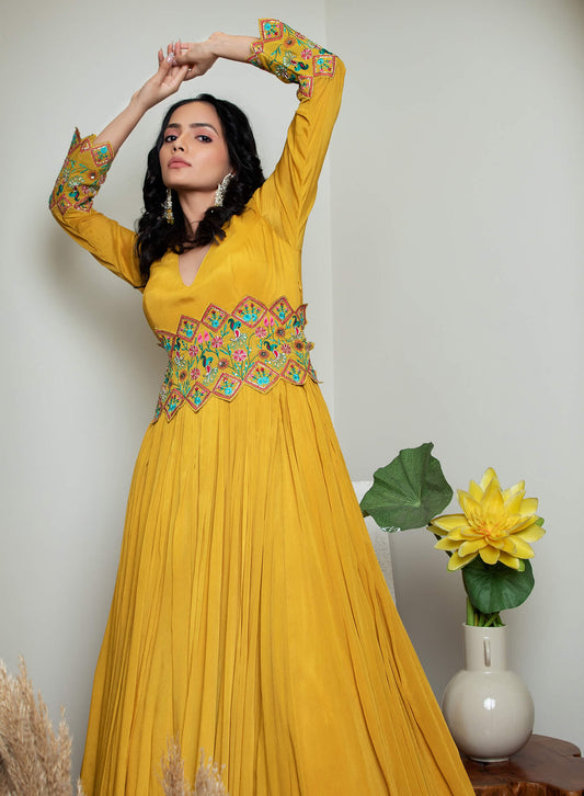 Rouched Gown with embroidered belt and Dupatta